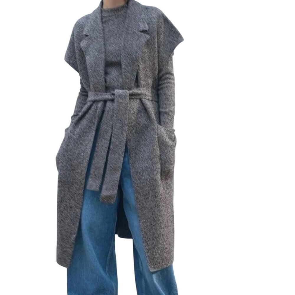 ZARA 100% Flecked Wool Vest Marled Gray Black Belted Avant Garde - Sz Large
